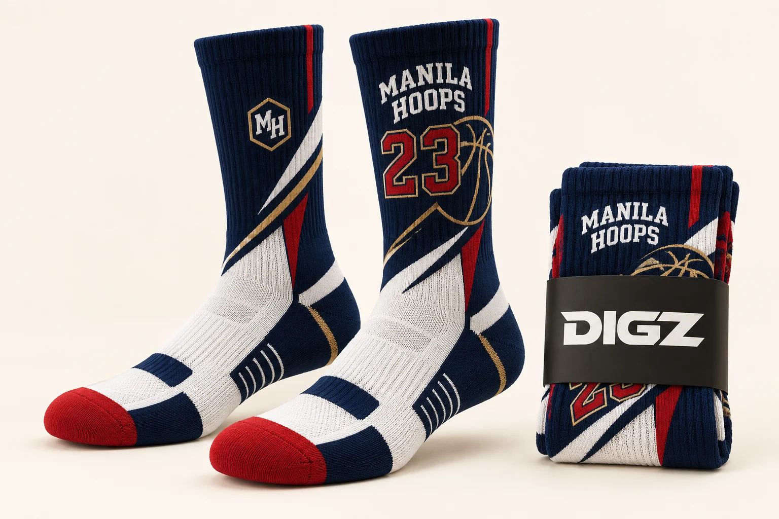 Navy and white fictional Manila Hoops socks with personalized number 23