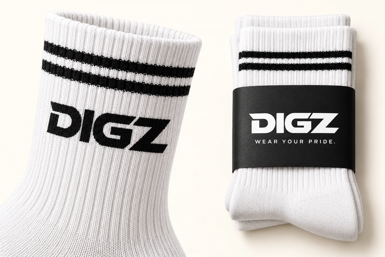 DIGZ white crew sock with black stripes and branded black packaging